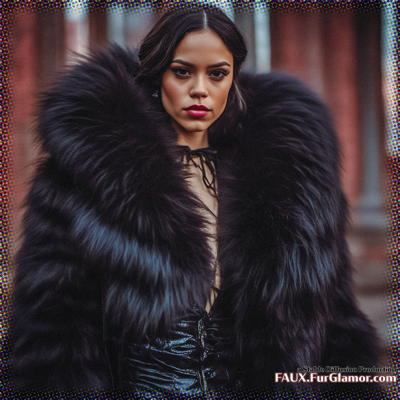 Stable Diffusion Render of Jenna Ortega in a Fur Coat