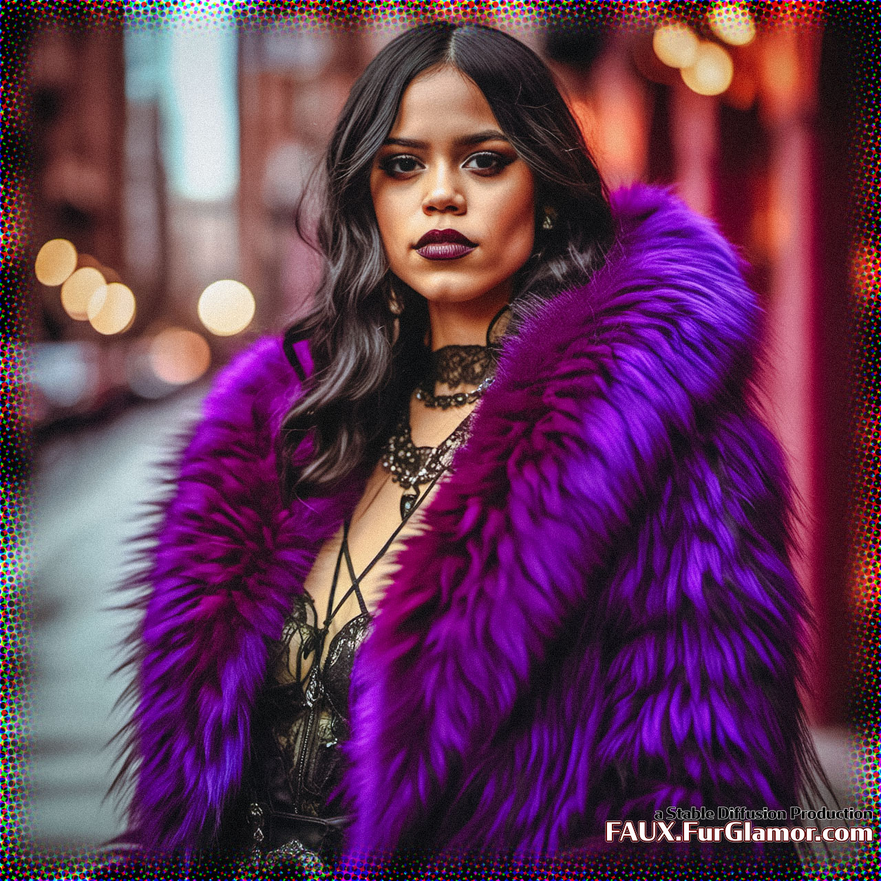 Stable Diffusion Render of Jenna Ortega in a Fur Coat
