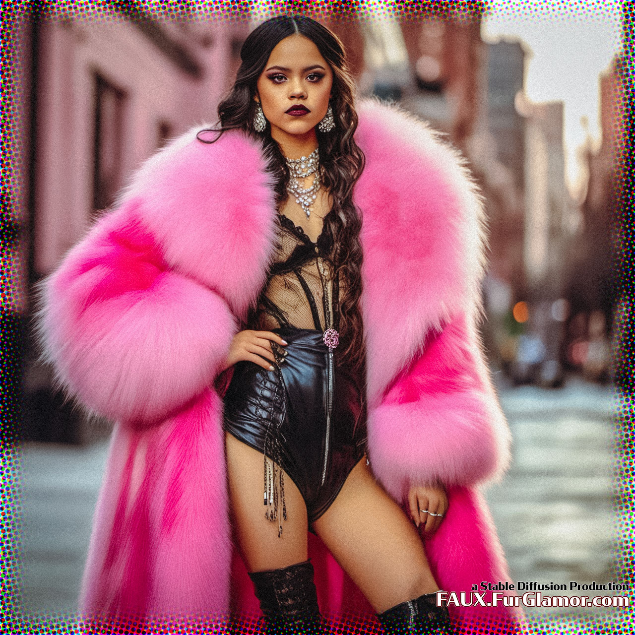 Stable Diffusion Render of Jenna Ortega in a Fur Coat
