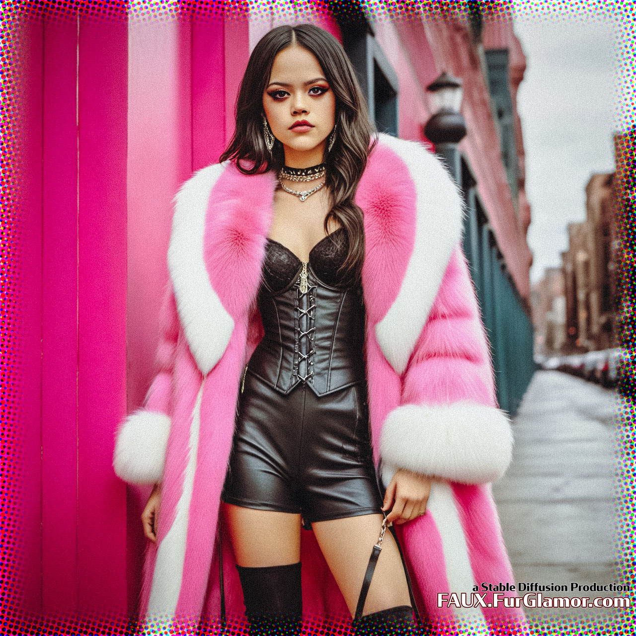 Stable Diffusion Render of Jenna Ortega in a Fur Coat
