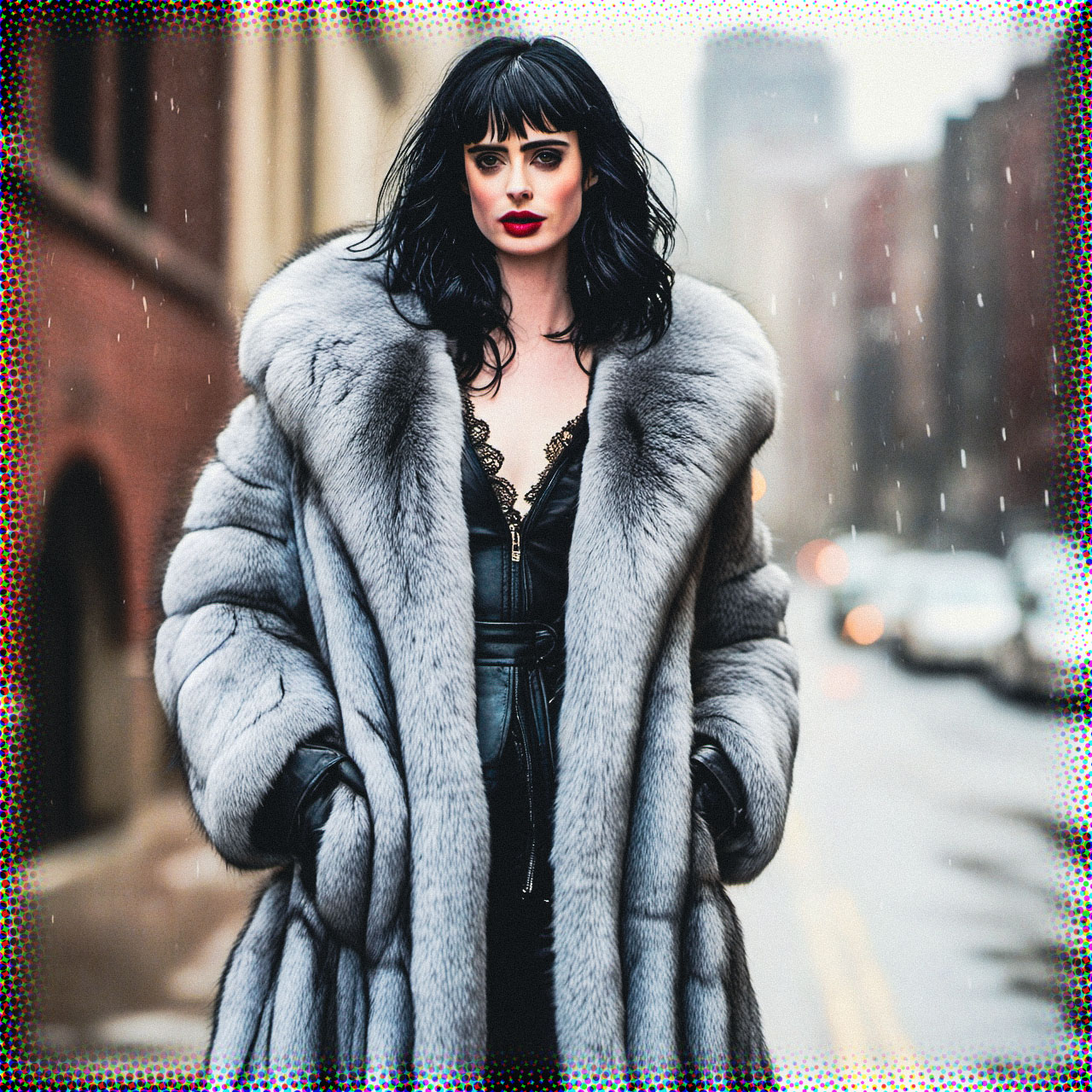Stable Diffusion Render of Krysten Ritter in a Fur Coat