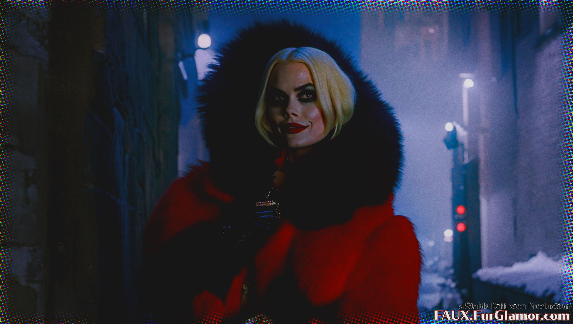 Stable Diffusion Render of Margo Robbie as Harley Quinn in a Fur Coat