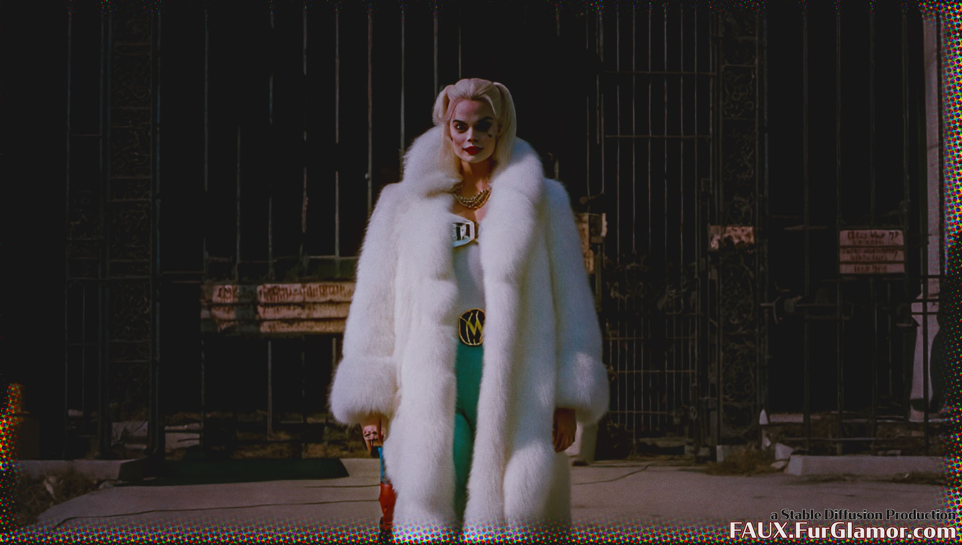 Stable Diffusion Render of Margo Robbie as Harley Quinn in a Fur Coat