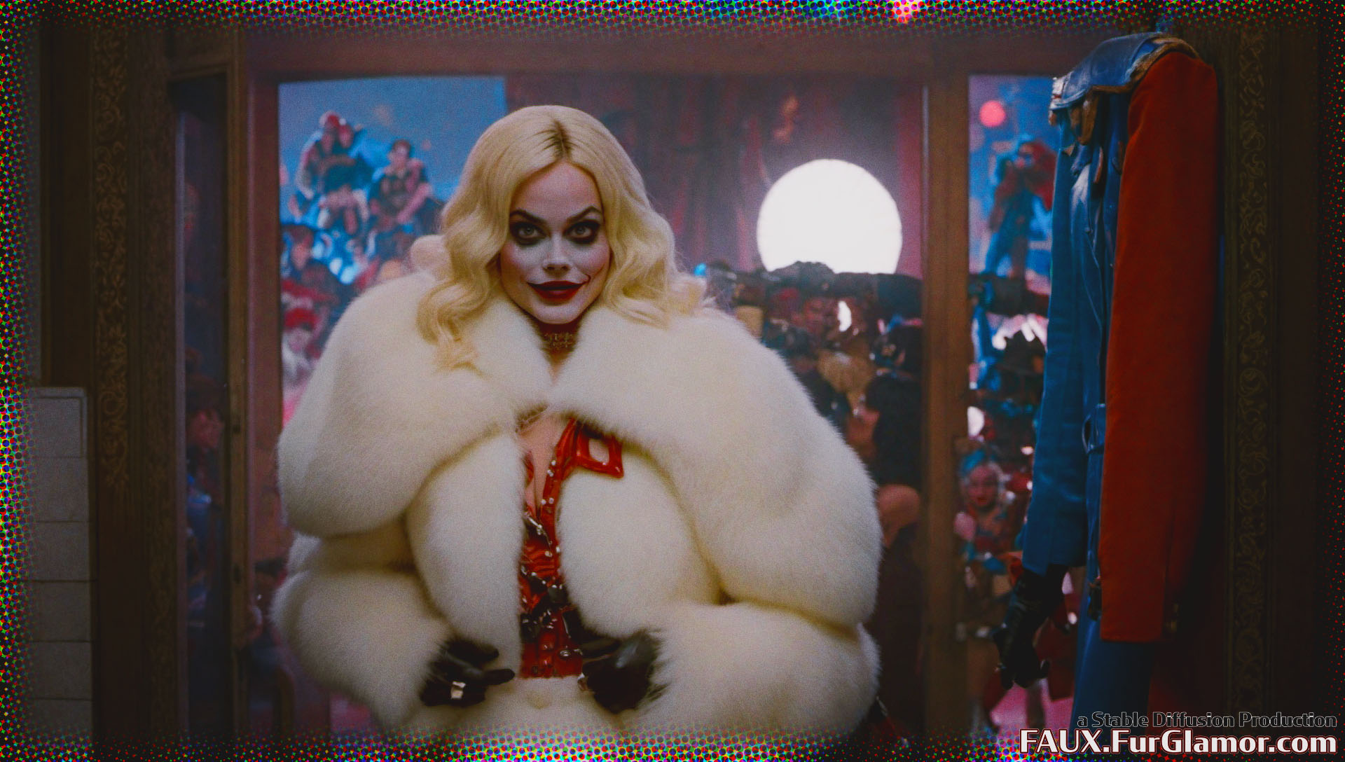 Stable Diffusion Render of Margo Robbie as Harley Quinn in a Fur Coat