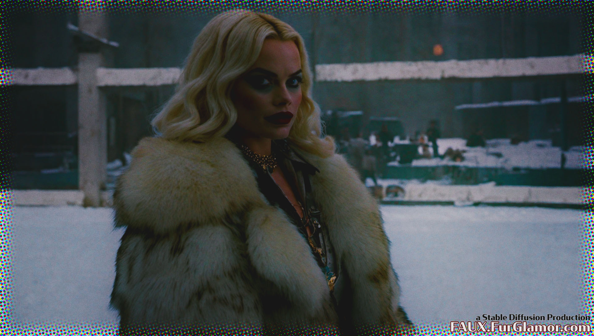 Stable Diffusion Render of Margo Robbie as Harley Quinn in a Fur Coat