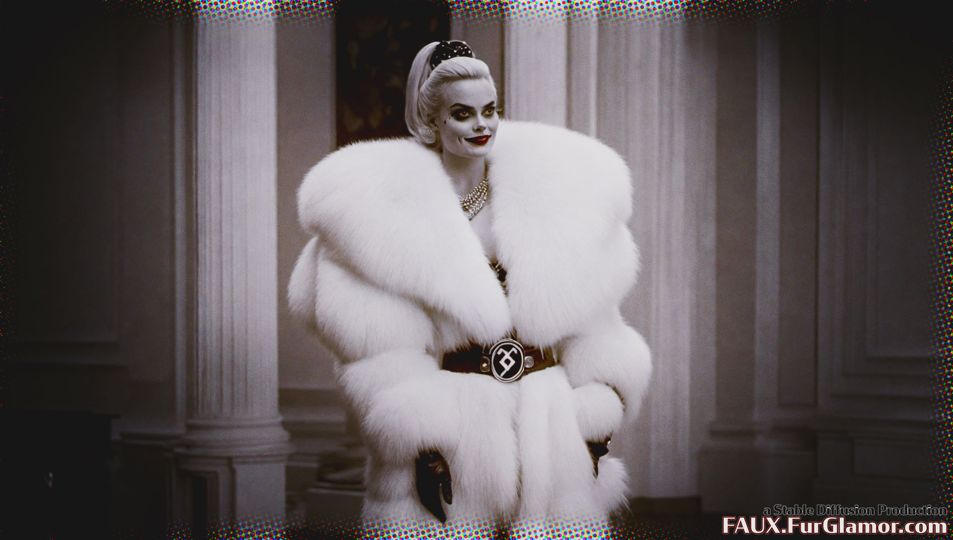 Stable Diffusion Render of Margo Robbie as Harley Quinn in a Fur Coat