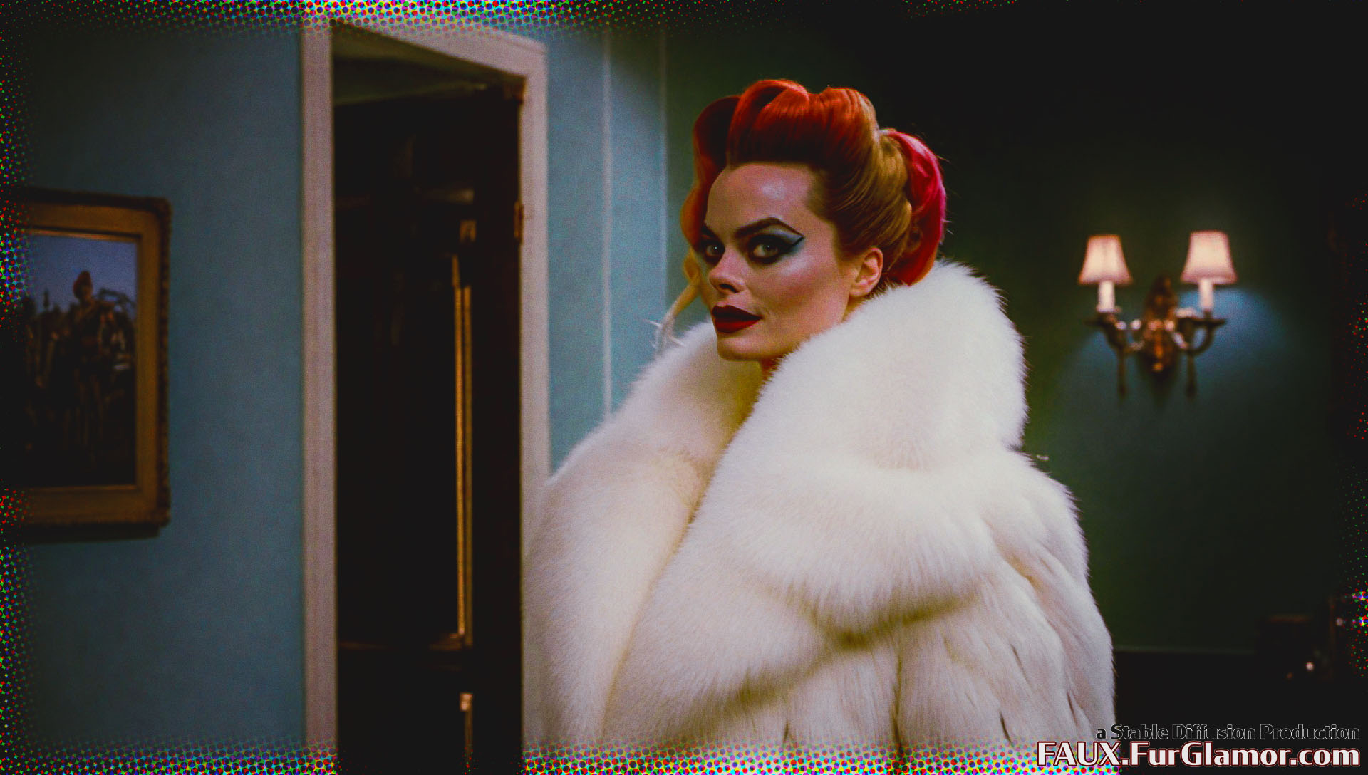 Stable Diffusion Render of Margo Robbie as Harley Quinn in a Fur Coat