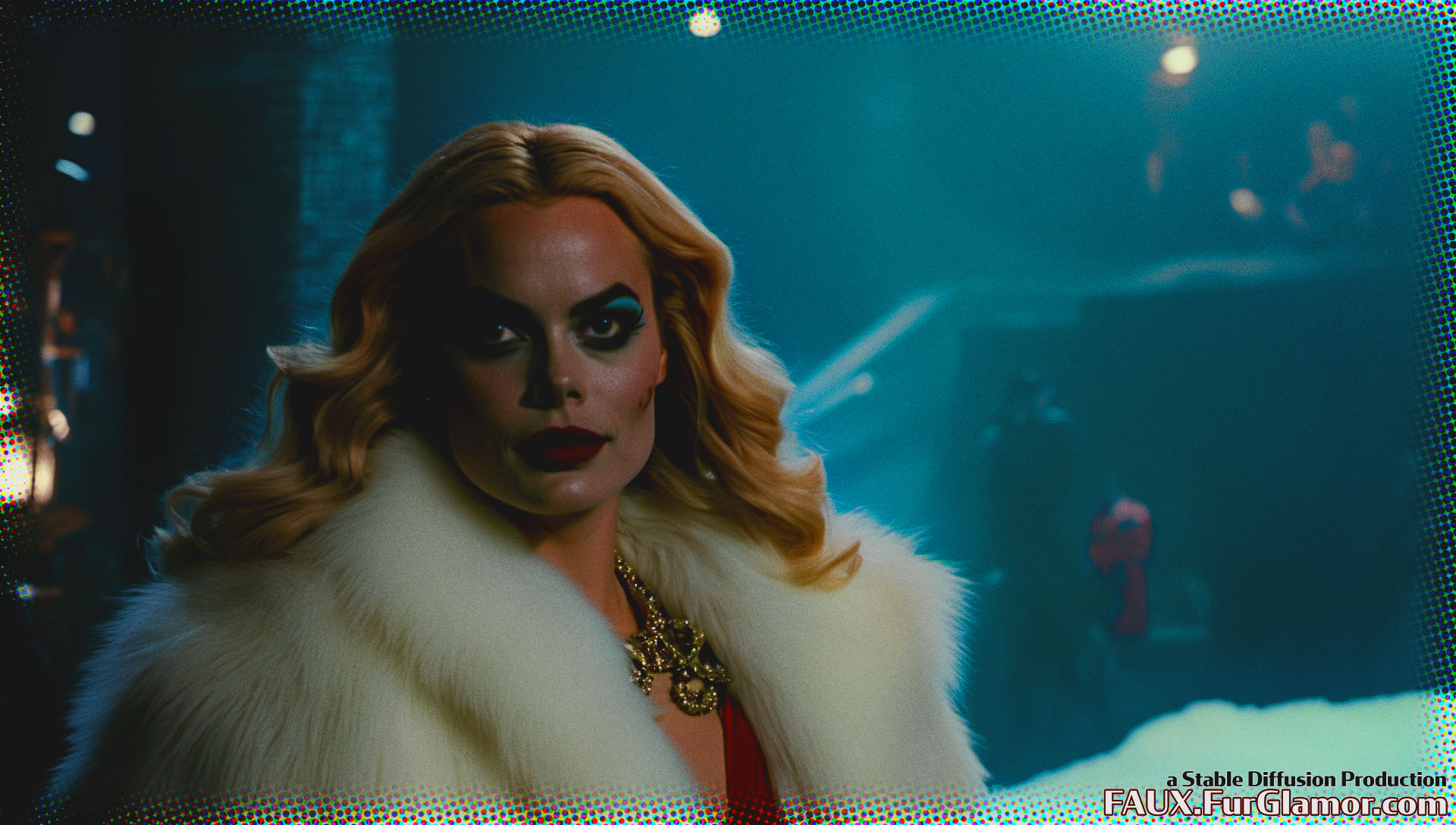 Stable Diffusion Render of Margo Robbie as Harley Quinn in a Fur Coat