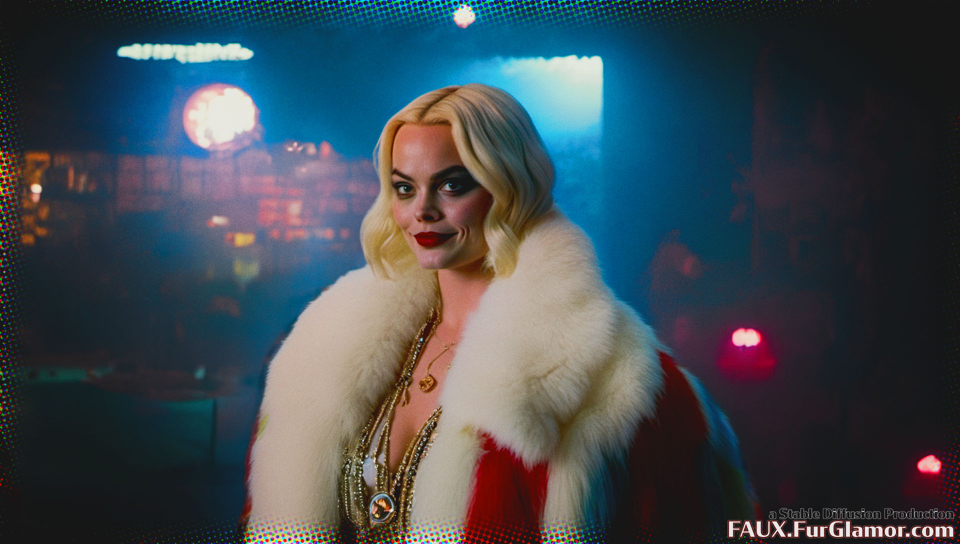 Stable Diffusion Render of Margo Robbie as Harley Quinn in a Fur Coat