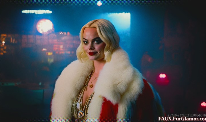 Stable Diffusion Render of Margo Robbie as Harley Quinn in a Fur Coat