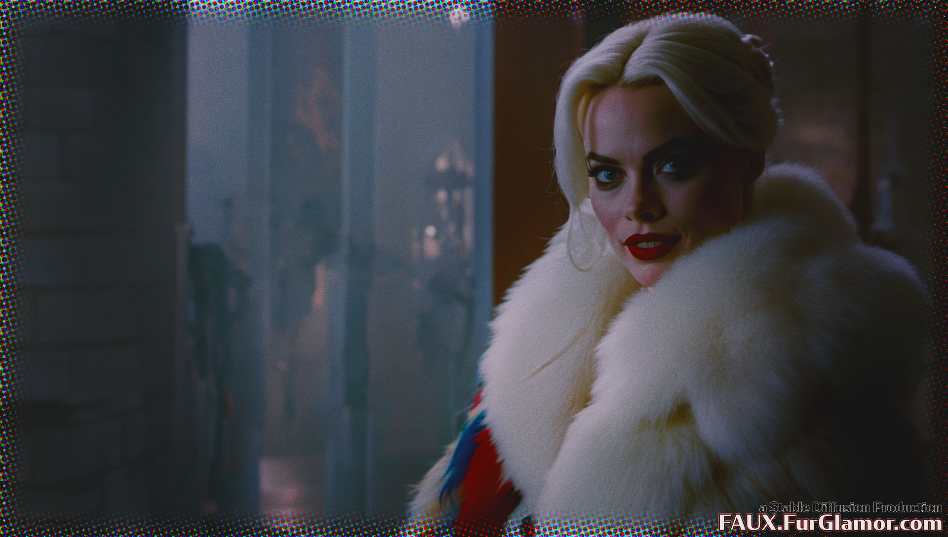 Stable Diffusion Render of Margo Robbie as Harley Quinn in a Fur Coat