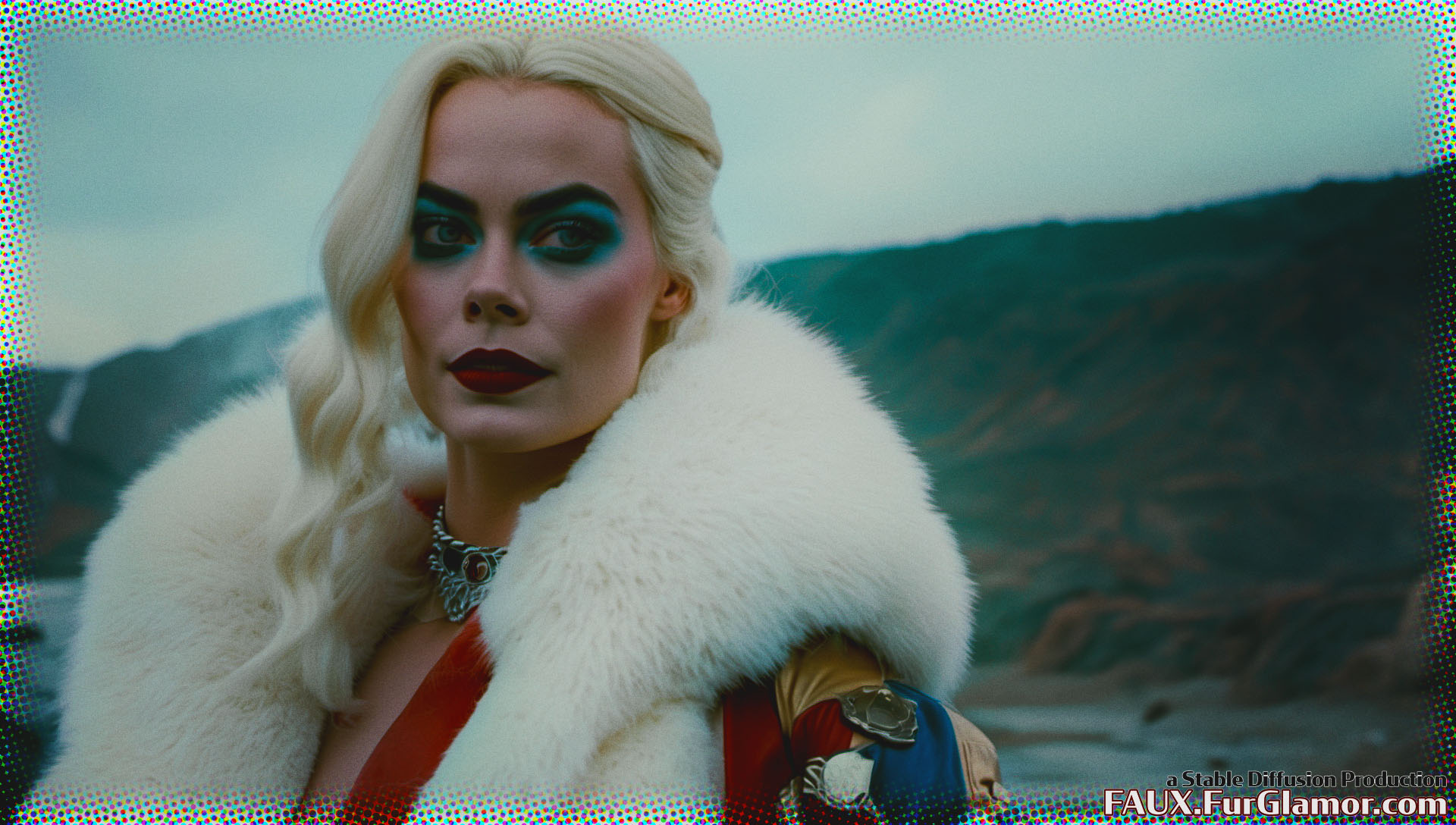 Stable Diffusion Render of Margo Robbie as Harley Quinn in a Fur Coat