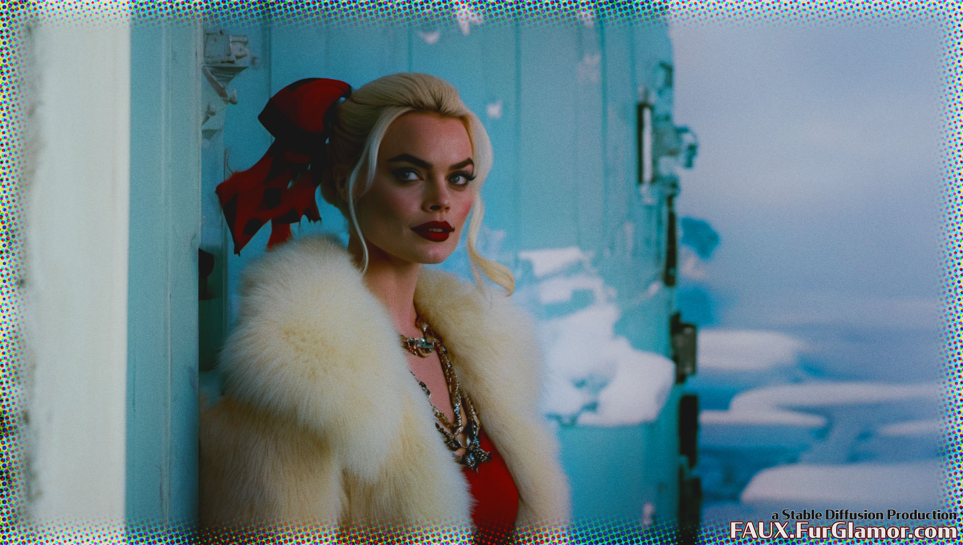 Stable Diffusion Render of Margo Robbie as Harley Quinn in a Fur Coat
