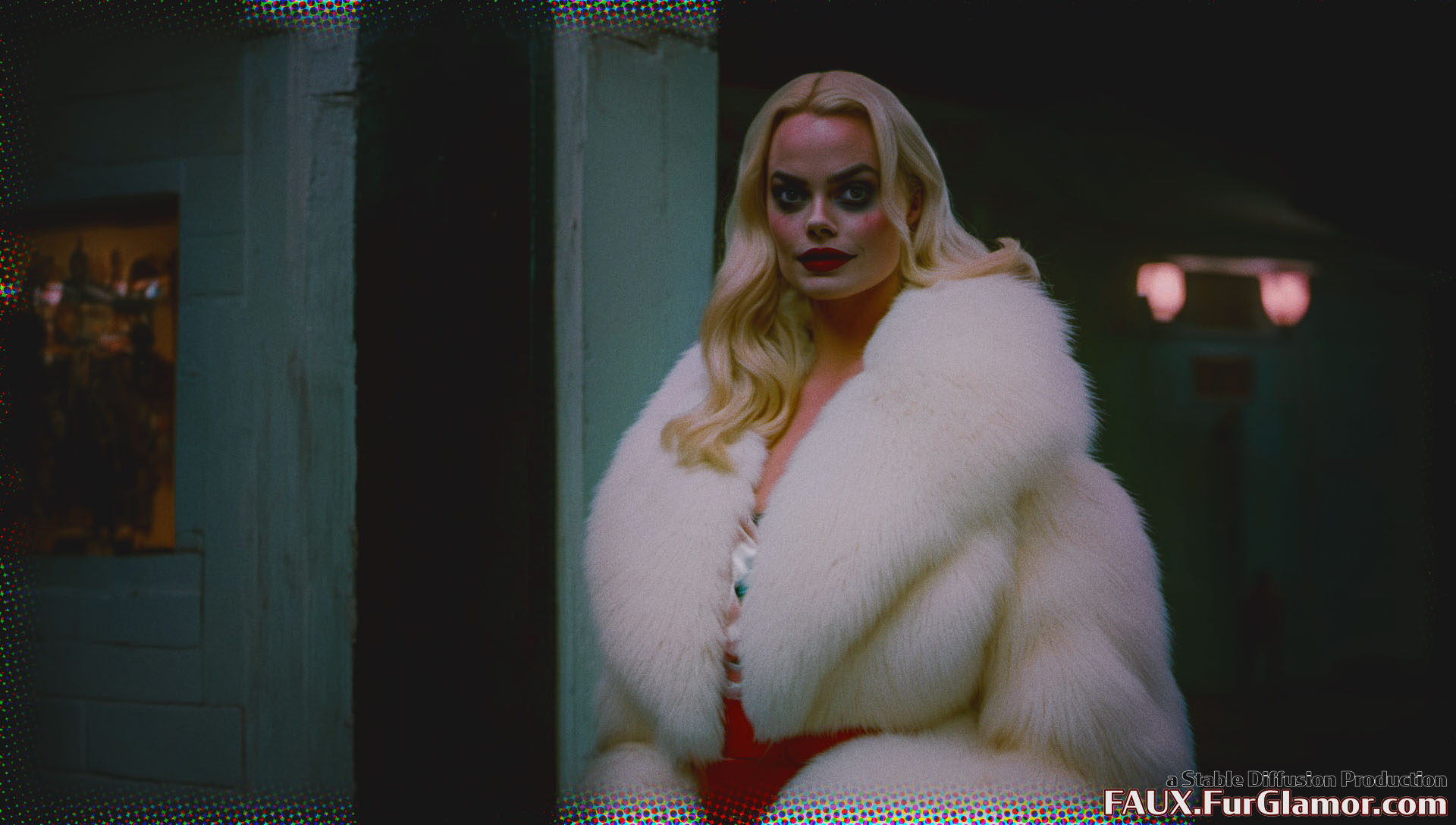 Stable Diffusion Render of Margo Robbie as Harley Quinn in a Fur Coat