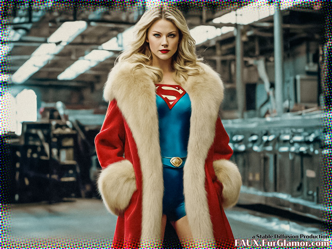 Stable Diffusion Render of Melissa Benoist as Supergirl in a Fur Coat