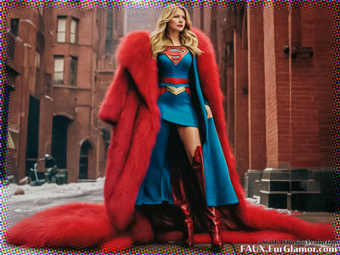 Stable Diffusion Render of Melissa Benoist as Supergirl in a Fur Coat
