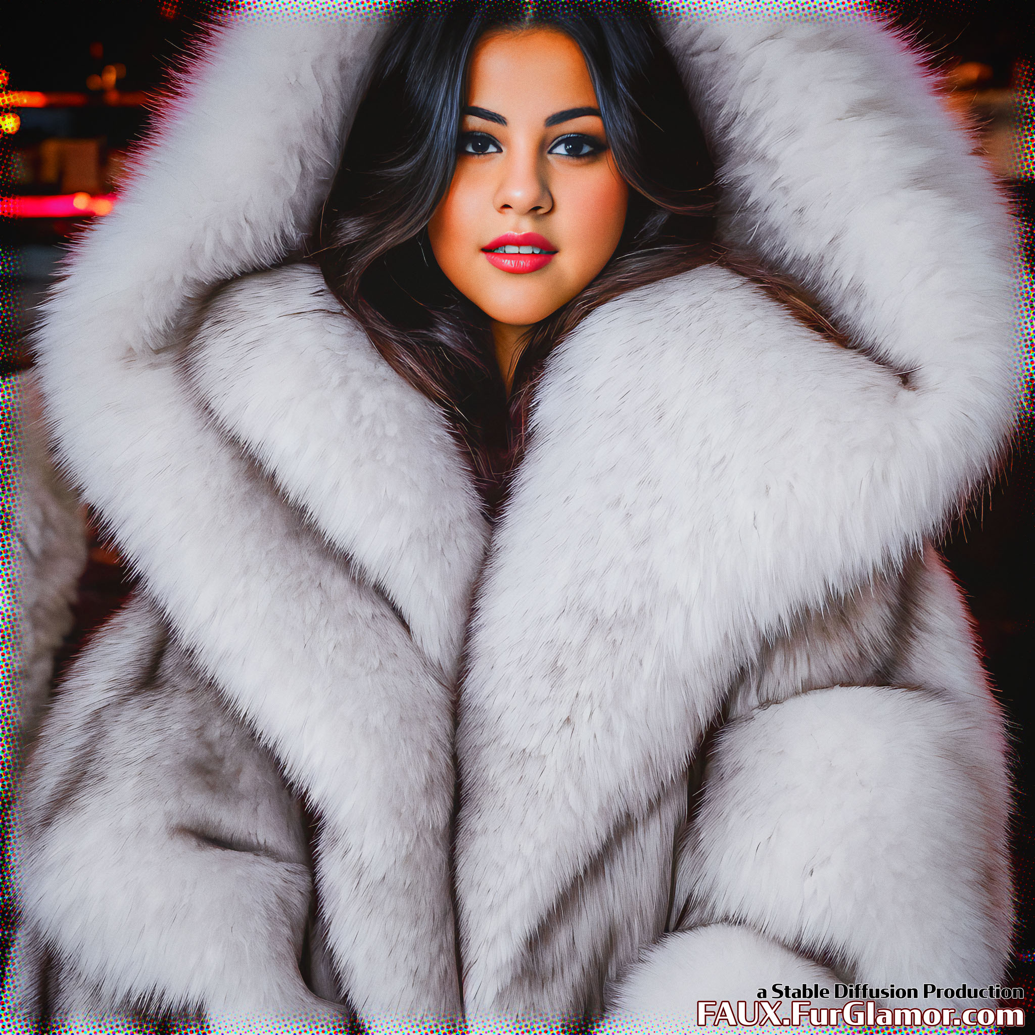 Stable Diffusion Render of Selena Gomez in a Fur Coat