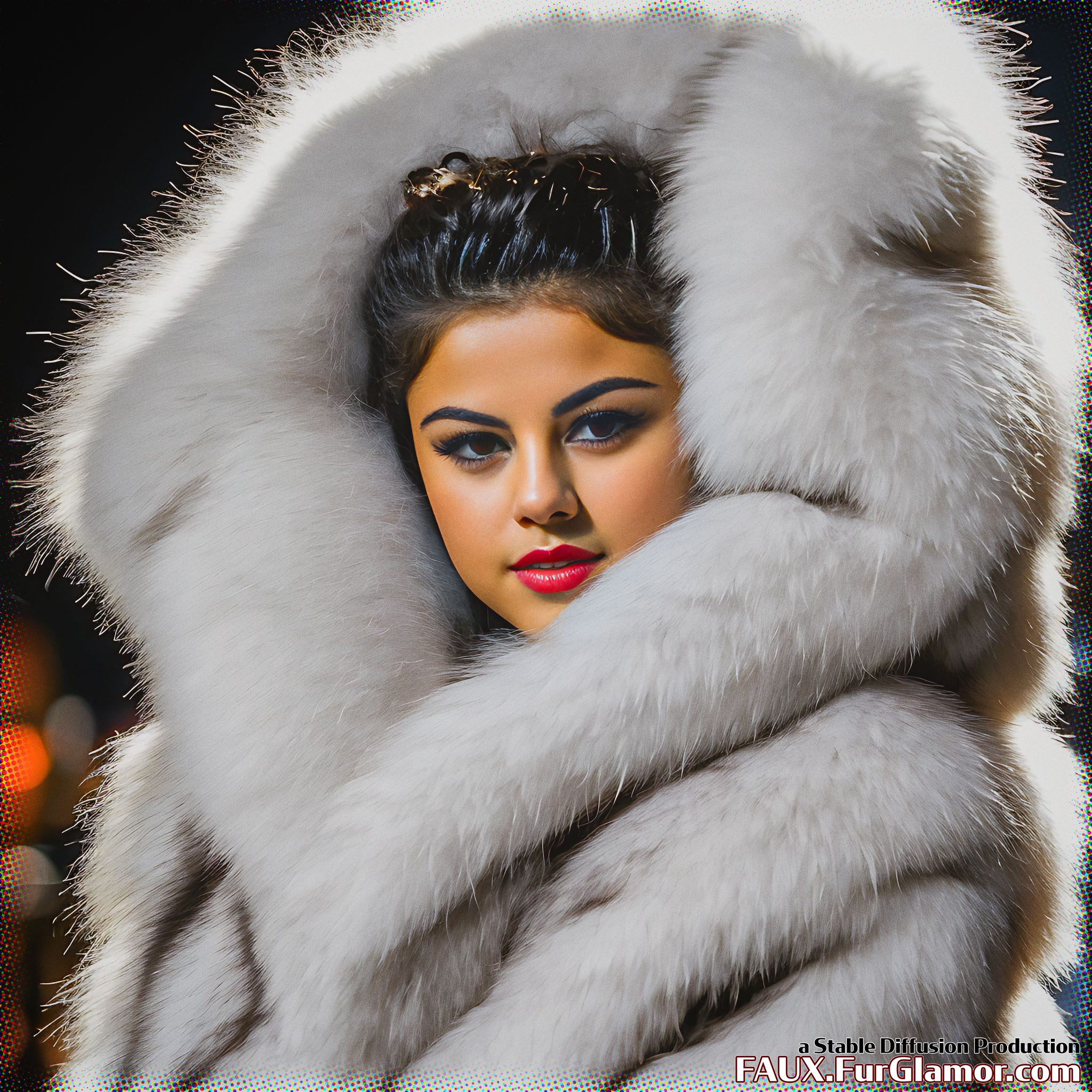 Stable Diffusion Render of Selena Gomez in a Fur Coat