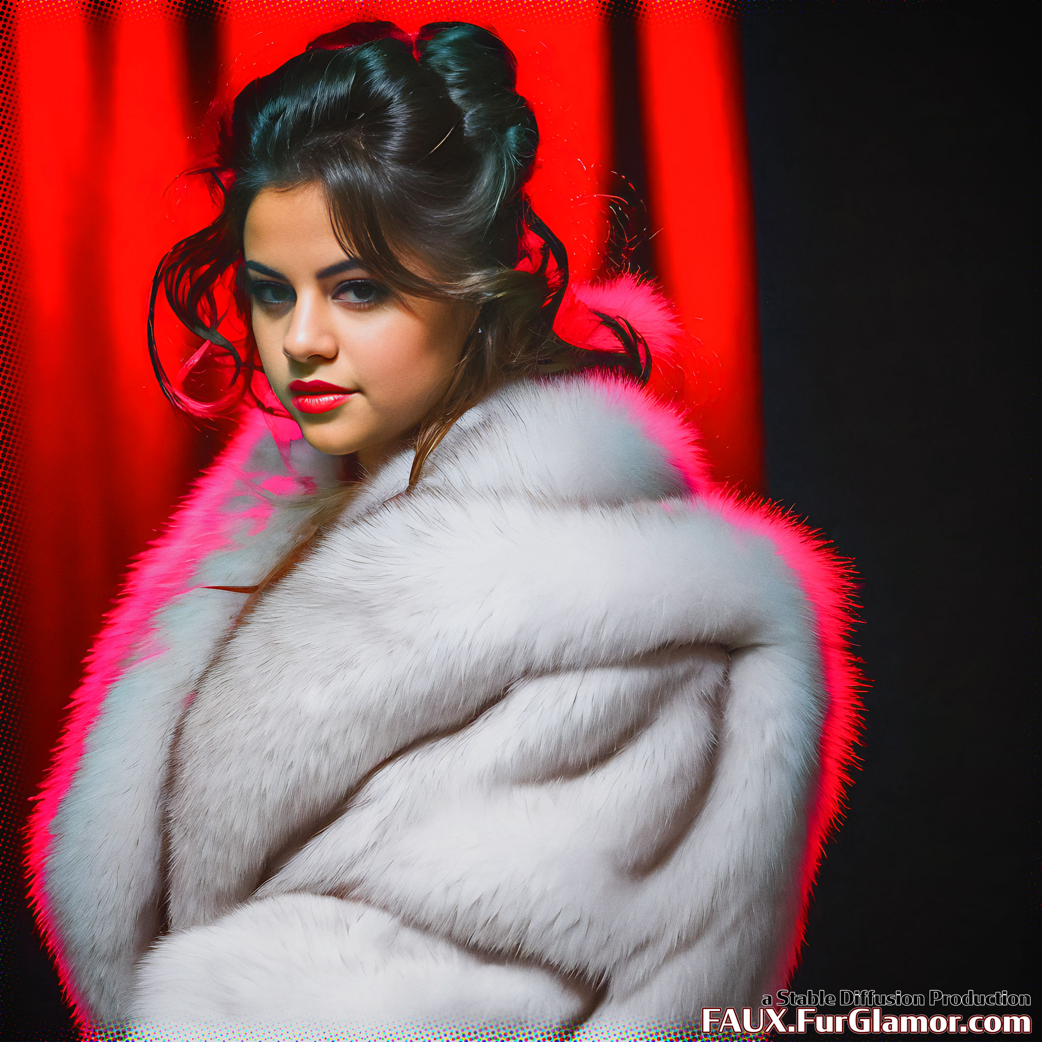 Stable Diffusion Render of Selena Gomez in a Fur Coat