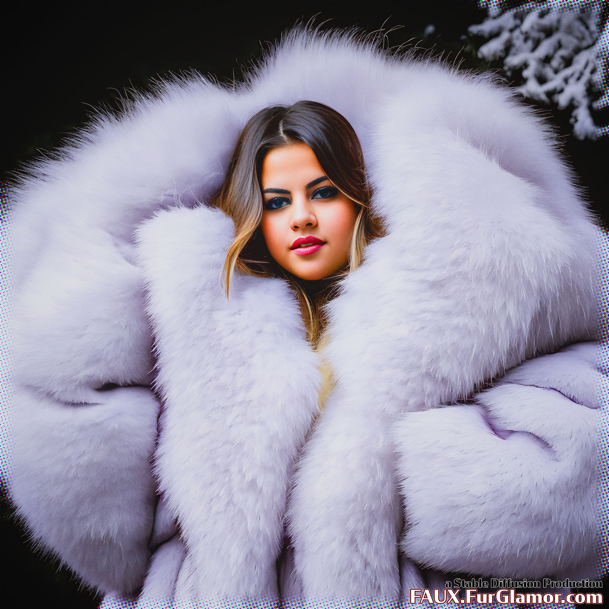 Stable Diffusion Render of Selena Gomez in a Fur Coat