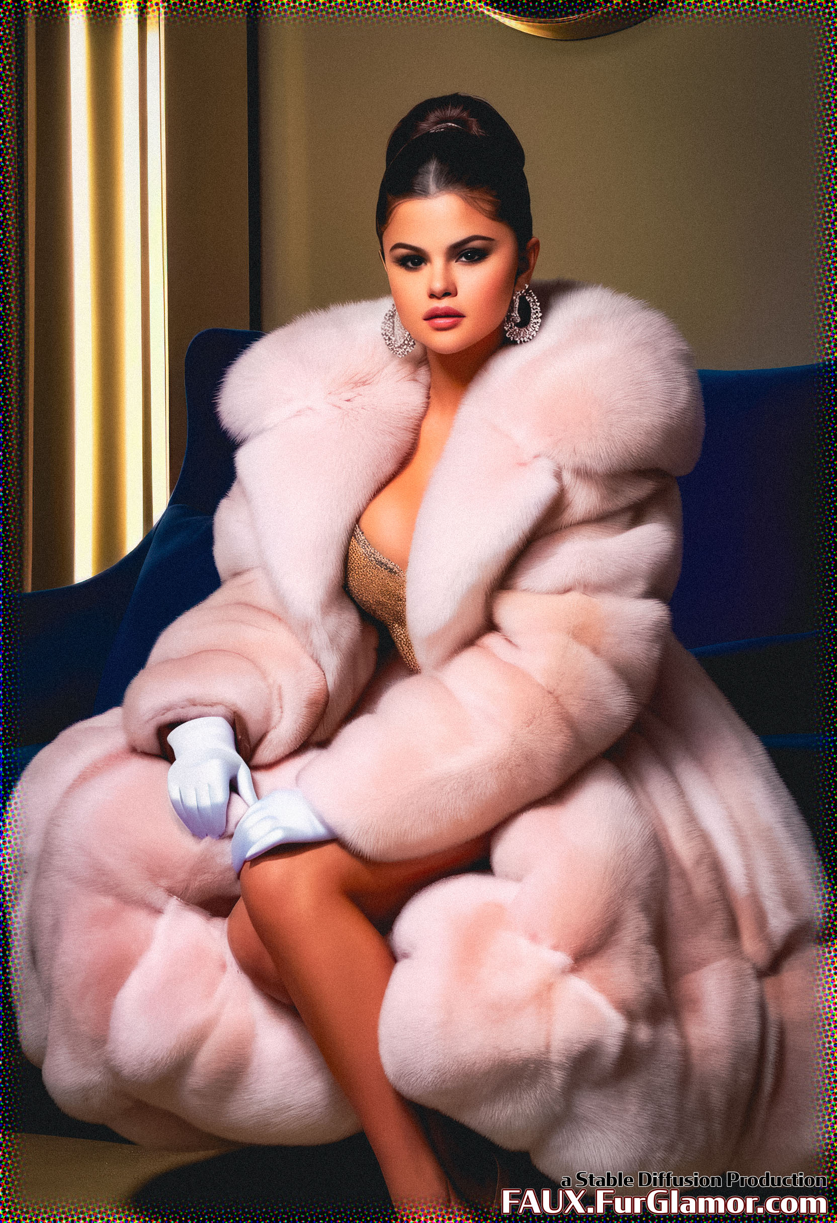 Stable Diffusion Render of Selena Gomez in a Fur Coat