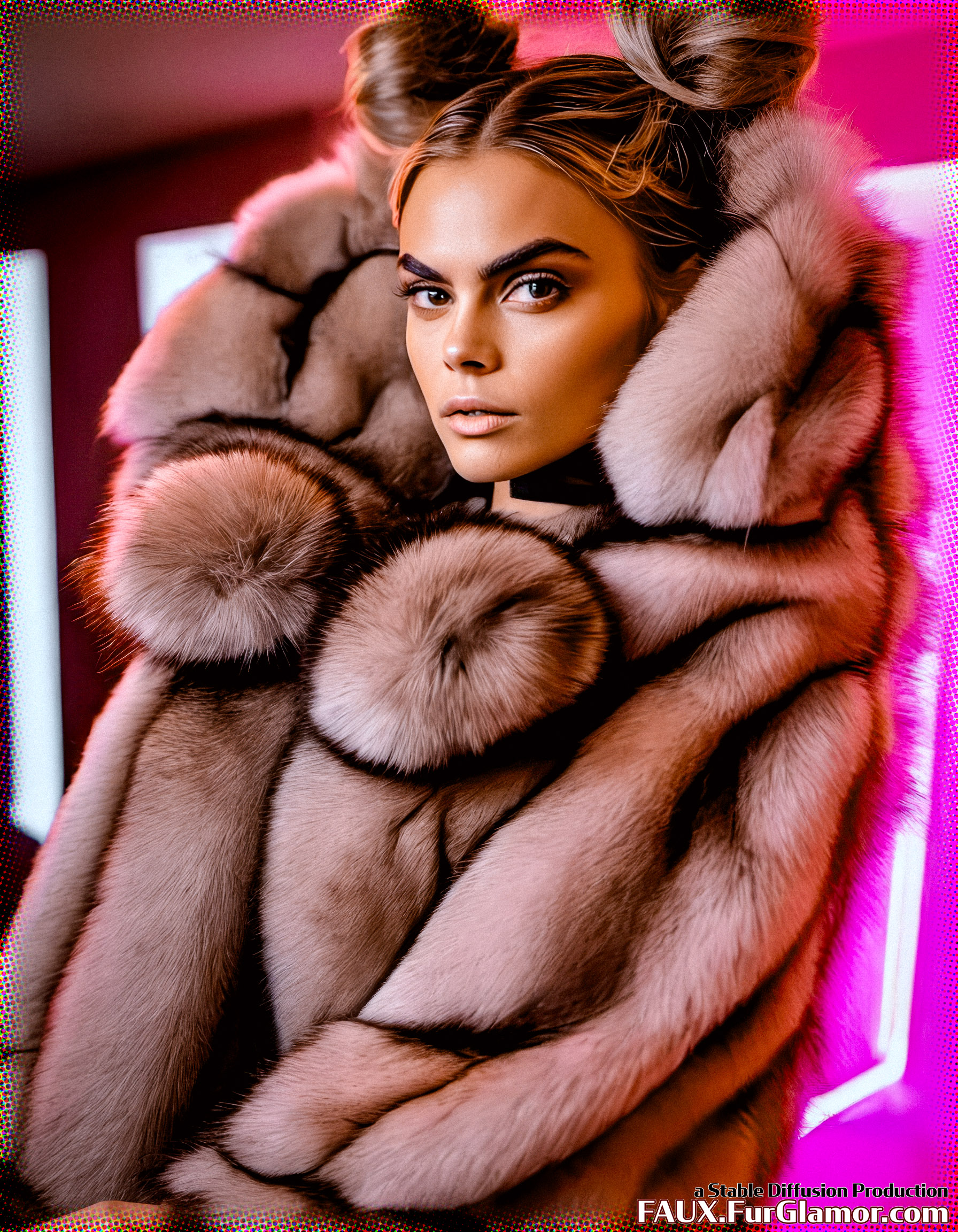 Stable Diffusion Render of Cara Delevingne in a Fur Coat