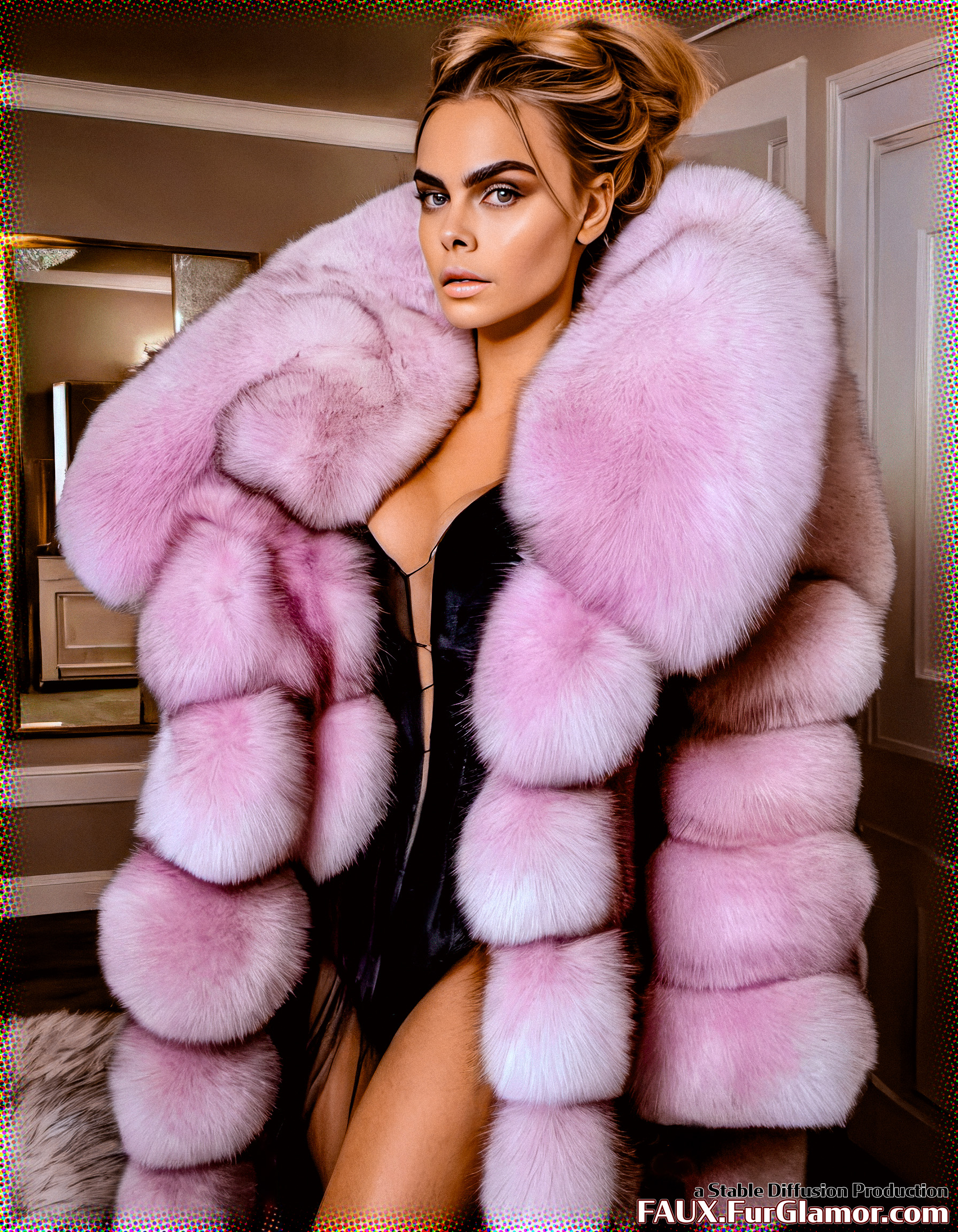 Stable Diffusion Render of Cara Delevingne in a Fur Coat