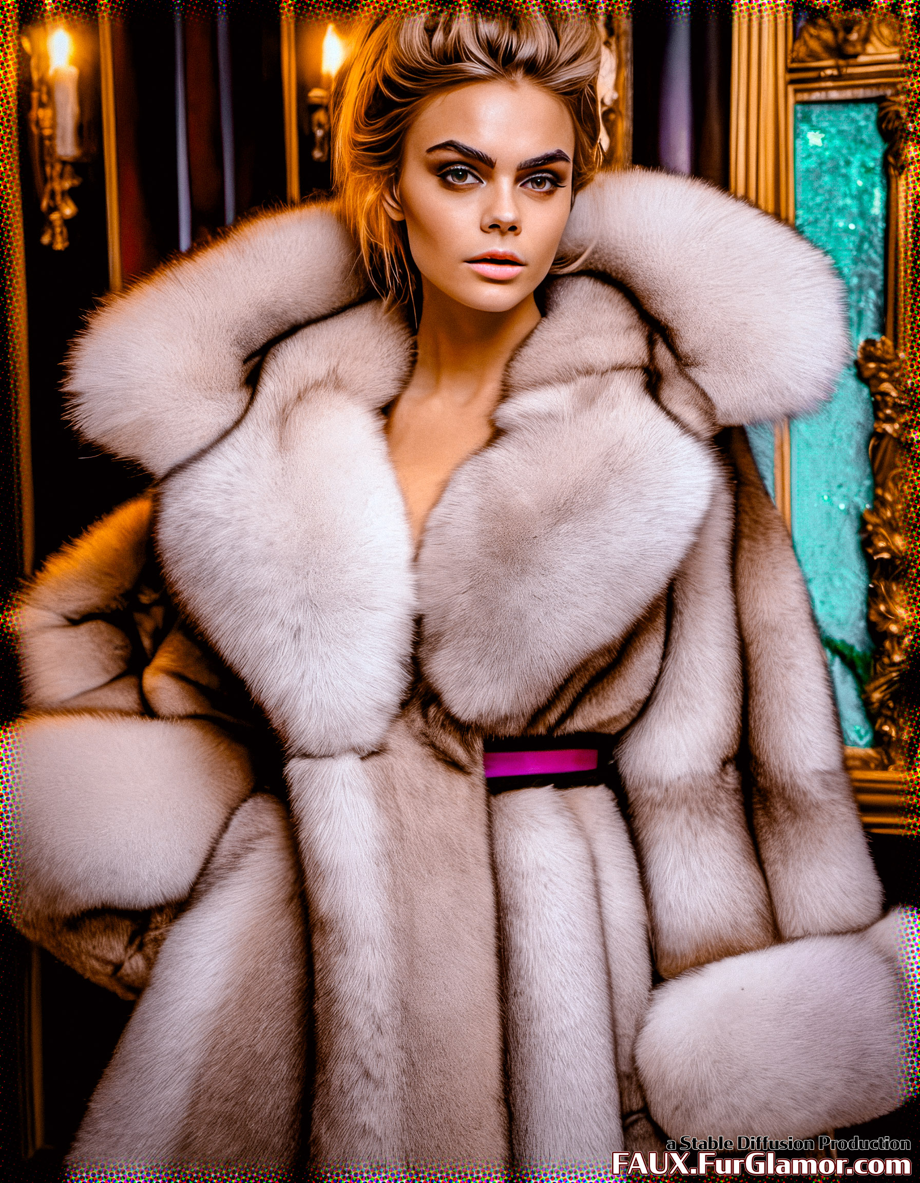 Stable Diffusion Render of Cara Delevingne in a Fur Coat