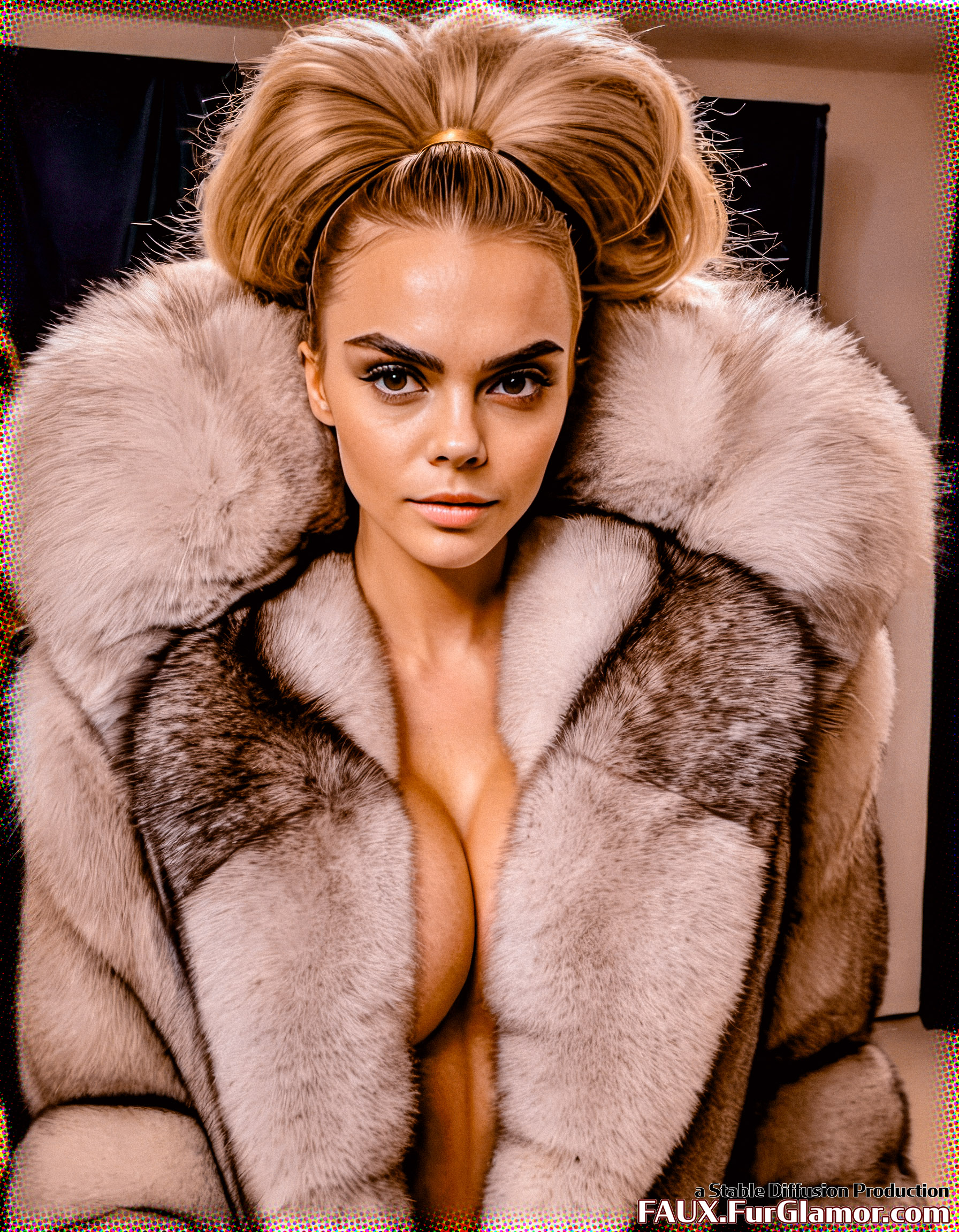 Stable Diffusion Render of Cara Delevingne in a Fur Coat